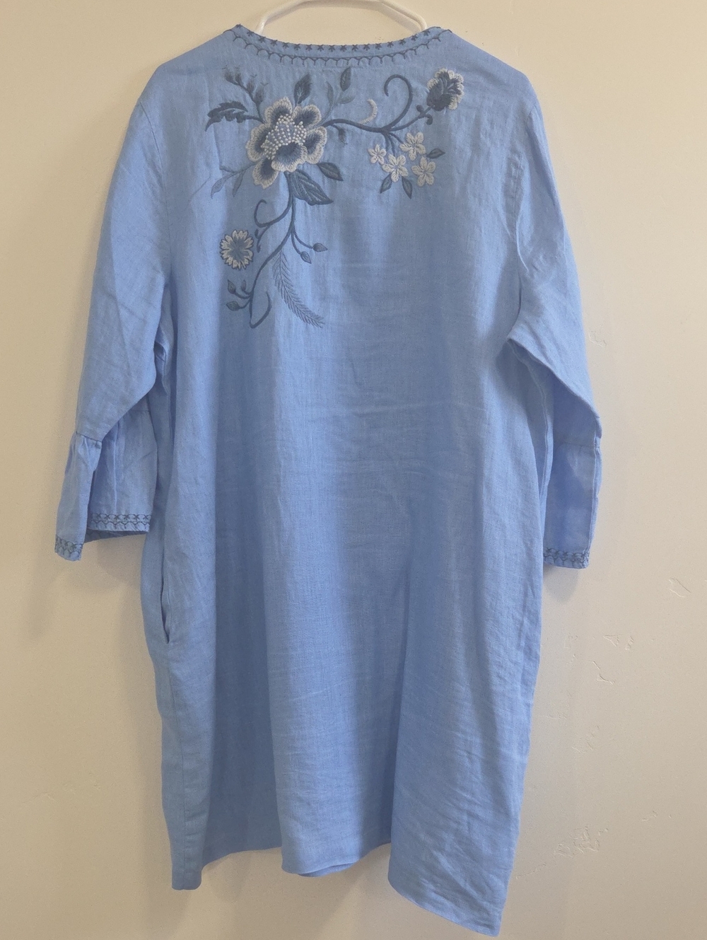 Johnny Was Linen Light Blue Embroidered Long-Sleeve Tunic Dress With Bell Sleeve - Picture 4 of 5